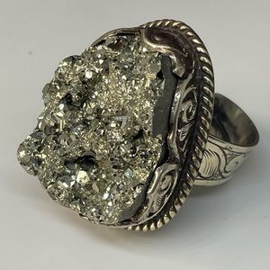 Tibetan Pyrite Cluster Statement Ring - Engraved Silver Setting, Adjustable